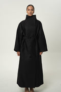 Belted cotton-silk trench coat in black, belted, front view