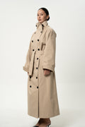 Dune gabardine trench coat in beige, belted, three-quarter view